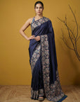 Navy Blue Soft Tropical Floral Printed Silk Saree