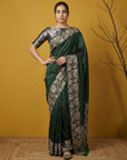 Bottle Green Soft Tropical Floral Printed Silk Saree