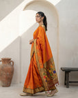 Orange Soft Traditional Paithani Silk Zari Woven Peacock Pattern Saree