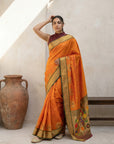 Orange Soft Traditional Paithani Silk Zari Woven Peacock Pattern Saree