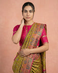 Mehendi Green Premium Soft Viscose Silk Zari Woven & Detailed Floral Position Printed Pashmina Saree