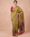 Mehendi Green Premium Soft Viscose Silk Zari Woven & Detailed Floral Position Printed Pashmina Saree