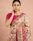 Cream Premium Soft Viscose Silk Zari Woven & Detailed Floral Poistion Printed Pashmina Saree