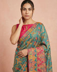 Blue Premium Soft Viscose Silk Zari Woven & Detailed Floral Position Printed Pashmina Saree
