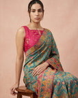 Blue Premium Soft Viscose Silk Zari Woven & Detailed Floral Position Printed Pashmina Saree