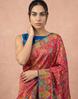 Pink Premium Soft Viscose Silk Zari Woven & Detailed Floral Position Printed Pashmina Saree