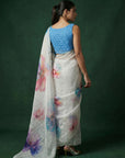 Blue Soft Fendy Satin with Handwork Embroidery & Aari Work Saree