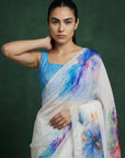 Blue Soft Fendy Satin with Handwork Embroidery & Aari Work Saree