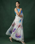 Blue Soft Fendy Satin with Handwork Embroidery & Aari Work Saree