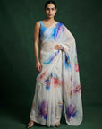 Blue Soft Fendy Satin with Handwork Embroidery & Aari Work Saree
