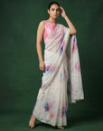 Pink Soft Fendy Satin with Handwork Embroidery & Aari Work Saree