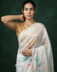 Yellow Soft Fendy Satin with Handwork Embroidery & Aari Work Saree