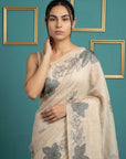 White Resham Soft Muga Cotton Floral Pencil Art Saree
