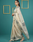White Resham Soft Muga Cotton Floral Pencil Art Saree