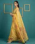 Yellow Resham Soft Muga Cotton Floral Pencil Art Saree