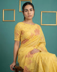 Yellow Resham Soft Muga Cotton Floral Pencil Art Saree