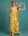 Yellow Resham Soft Muga Cotton Floral Pencil Art Saree