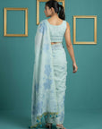Sky Blue Resham Soft Muga Cotton Floral Pencil Art Saree