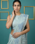 Sky Blue Resham Soft Muga Cotton Floral Pencil Art Saree