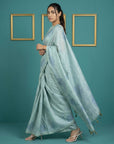 Sky Blue Resham Soft Muga Cotton Floral Pencil Art Saree