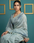 Sky Blue Resham Soft Muga Cotton Floral Pencil Art Saree