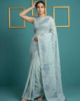 Sky Blue Resham Soft Muga Cotton Floral Pencil Art Saree