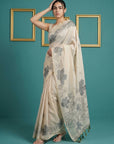 White Resham Soft Muga Cotton Floral Pencil Art Saree