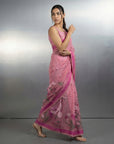 Pink Resham Soft Muga Cotton Birds Pattern Saree