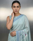 Sky Blue Resham Soft Muga Cotton Birds Pattern Saree