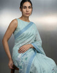 Sky Blue Resham Soft Muga Cotton Birds Pattern Saree