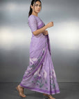 Lavender Resham Soft Muga Cotton Birds Pattern Saree