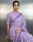 Lavender Resham Soft Muga Cotton Birds Pattern Saree