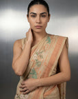 Chickoo Resham Soft Muga Cotton Birds Pattern Saree