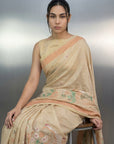 Chickoo Resham Soft Muga Cotton Birds Pattern Saree