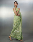 Pista Green Resham Soft Muga Cotton Birds Pattern Saree