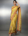 Yellow Resham Soft Muga Cotton Birds Pattern Saree