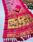 Baby Pink Soft Paithani Silk Zari Woven Saree with Meenakari Lotus Pattern Saree