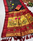 Black Soft Paithani Silk Zari Woven Saree with Meenakari Lotus Pattern Saree