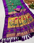 Peacock Blue Soft Paithani Silk Zari Woven Saree with Meenakari Lotus Pattern Saree