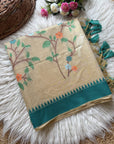 Rama Blue Soft Muga Cotton Resham Saree with Birds Pattern Saree