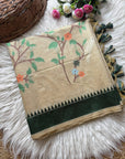 Bottle Green Soft Muga Cotton Resham Saree with Birds Pattern Saree