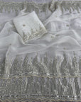 White Premiun NC Moss Fabric Saree with Pearl Work