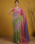 Pista & Blue Soft Fendy Satin with Gotapatti Work Padding Saree
