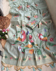 Sky Blue Traditional Soft Chanderi Cotton American Parrot Pattern Saree