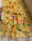 Yellow Traditional Soft Chanderi Cotton American Parrot Pattern Saree