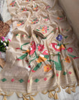 White Traditional Soft Chanderi Cotton American Parrot Pattern Saree