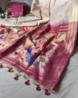 White Premium Soft Tussar Silk Paithani Zari Woven Saree
