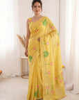 Yellow Premium Soft Linen Cotton with Lotus & Leafs Pattern Saree