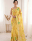 Yellow Premium Soft Linen Cotton with Lotus & Leafs Pattern Saree