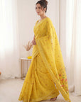 Yellow Soft Linen Cotton Paithani Saree with Meenakari Pichwai Lotus Pallu